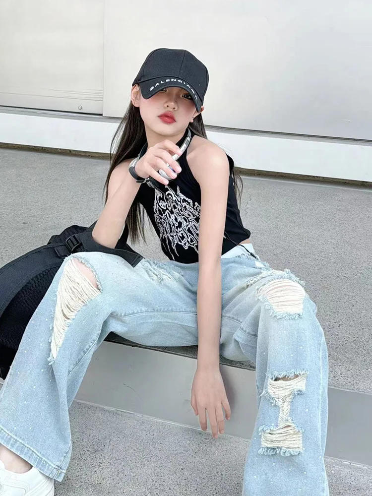 

Spring Autumn Child High Street Clothes 5-14 Year Girls Cowgirl Ripped Jeans With Hole Kids Casual Style Destroyed Denim Pants
