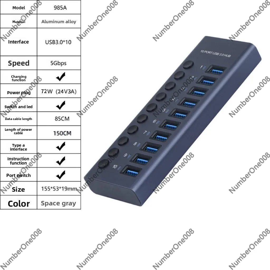 

Алюминиевый 10-портовый USB 3.0 хаб с индивидуальными выключателями, высокоскоростной разветвитель 5 Гбит/с для ноутбуков и ПК