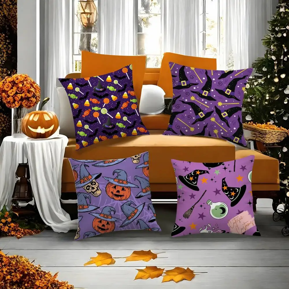 Halloween Hexenhut Totenkopf Kissenbezug Kurzer Plüsch Doppelseitiger Druck Quadratischer Dekokissenbezüge Sofa Home Kissen Dekor