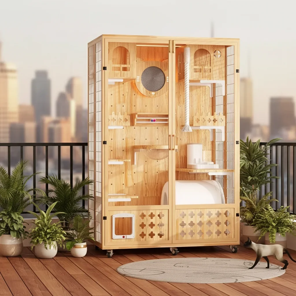 aFactory Sale Customized Multi-Layer Luxury Modern Breathable Wooden Indoor Cat Villa Multi-Functional Spacious Pet House for