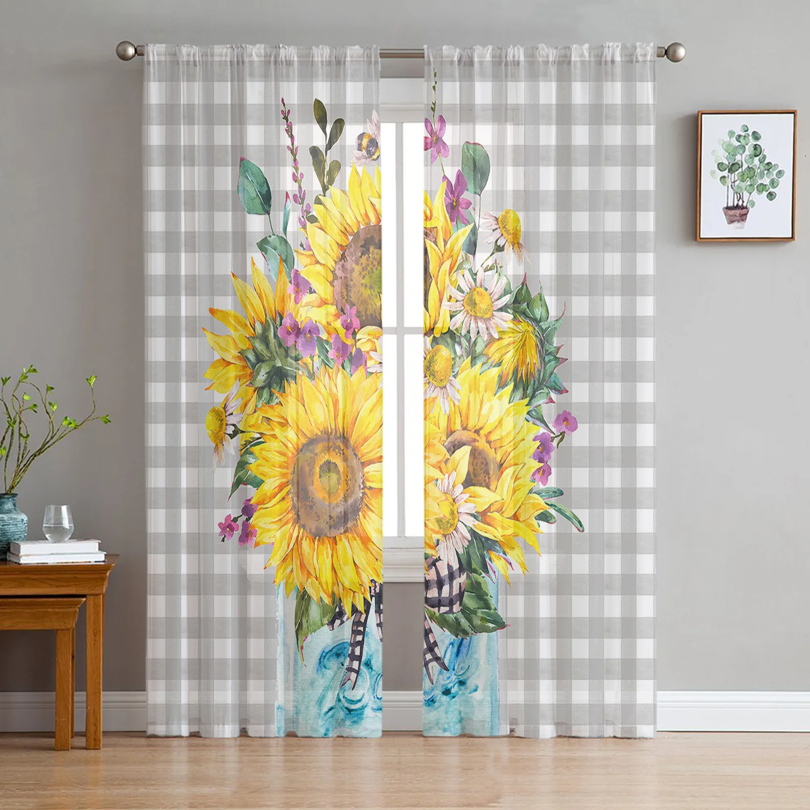 Autumn Plaid Sunflower Bottle Voile Curtains for Bedroom Tulle Window Curtain for Living Room Sheer Curtains Blinds Drapes