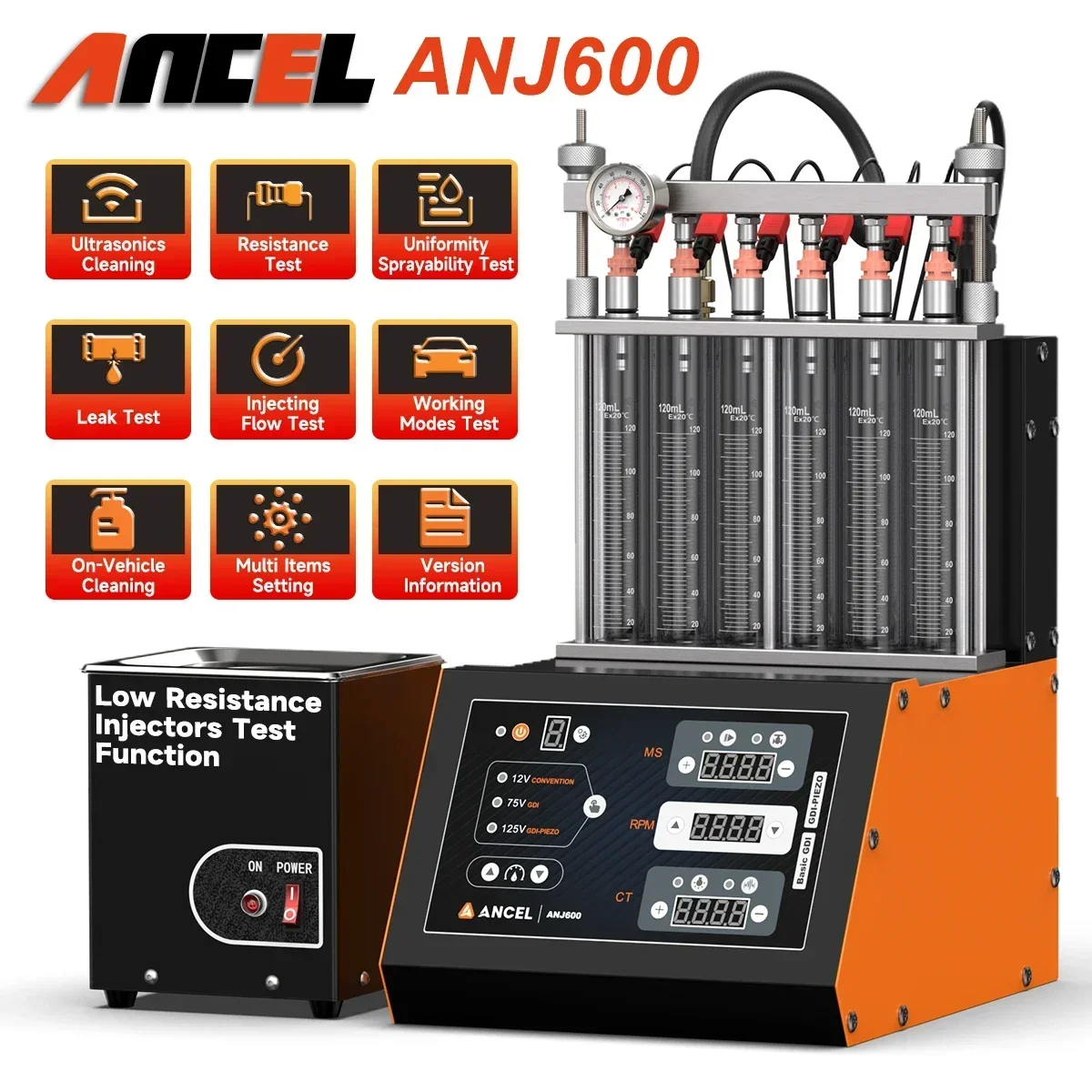 

ANCEL ANJ600 6-Cylinder GDI Ultrasonic Fuel Injector Cleaning Machine 110/220V Car Motorcycle Ultrasonic Cleaning Auto Tools
