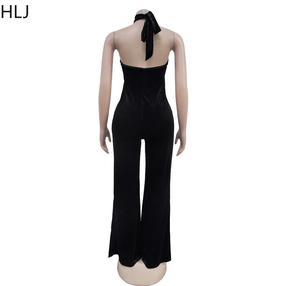 HLJ Retro Velvet Hollow Halter One Pieces Jumpsuits Women Backless Lace Up Wide Leg Overalls Elegant Lady Party Club Playsuits