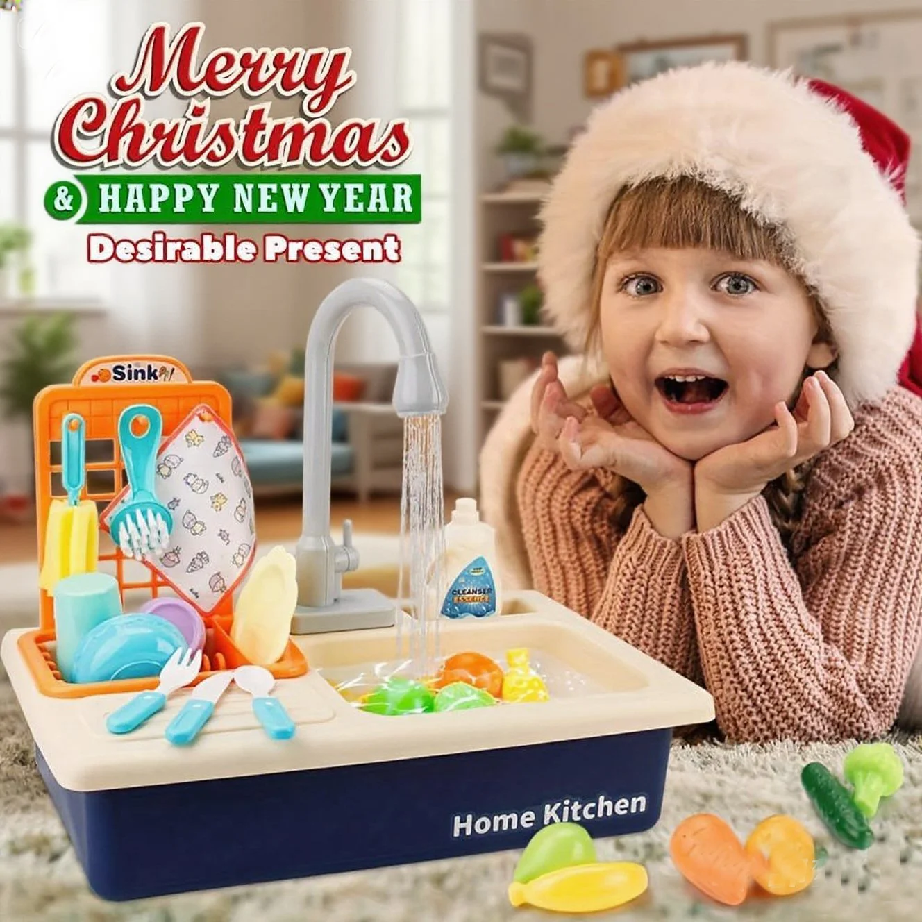 

Kids Play Sink with Running Water, Toddler Sink Dishwasher Toy, Water Table Pretend Play for Toddlers Age 3+, Role Play Kitchen