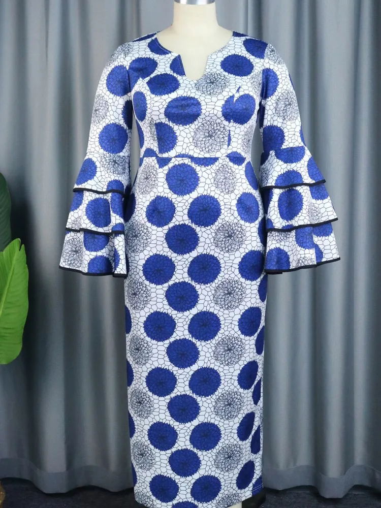 

African Wear Dresses Women Polka Dot Flare Sleeve Long Elegant Dress Dashiki Africa Clothes Ankara Fashion Big Size Party Robe