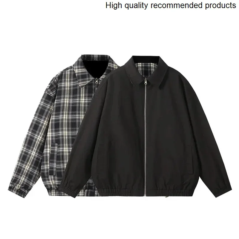 

Wearable Sided Men Korean Double Stree Fashion Loose Casual Vintage Short Cargo Bomber Jacket Plaid Coat Man Outerwear