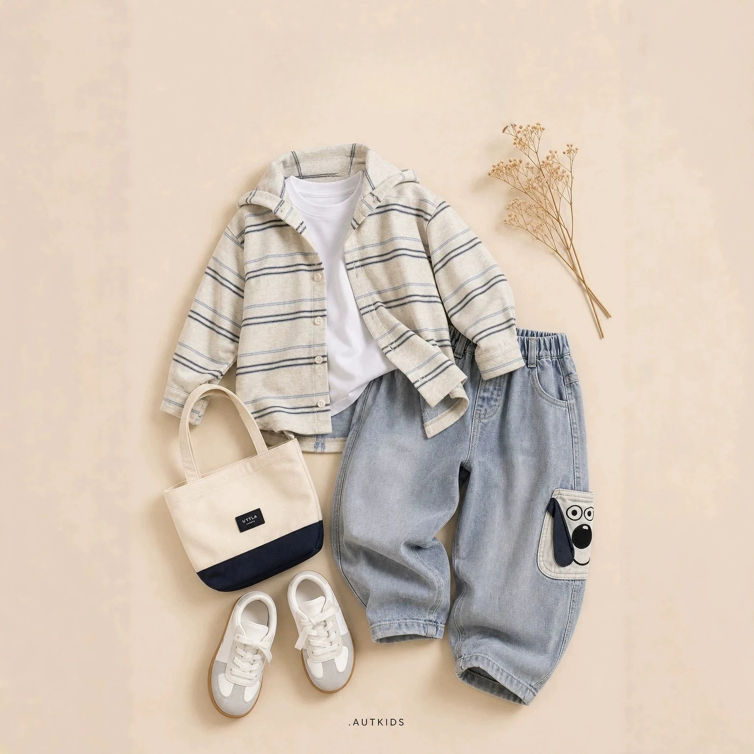 Kids Korean Autumn Sets Strip Hooded Coat and Cartoon Loose Jeans Causal Two Price Sets