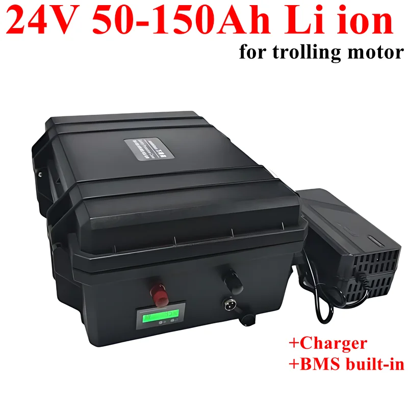 

Waterproof ip67 24V 50Ah 60Ah 80Ah 100Ah 120Ah 150Ah Lithium ion battery with BMS for trolling motor solar system+10A Charger
