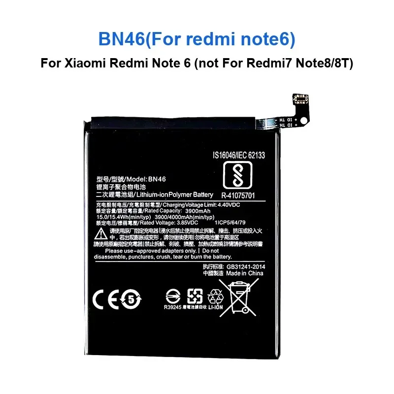 

4000mAh High Quality Mobile Phone Battery For Xiaomi Redmi Note 6 Note6 (not For Redmi7 Note8/8T) BN46(For redmi note6)