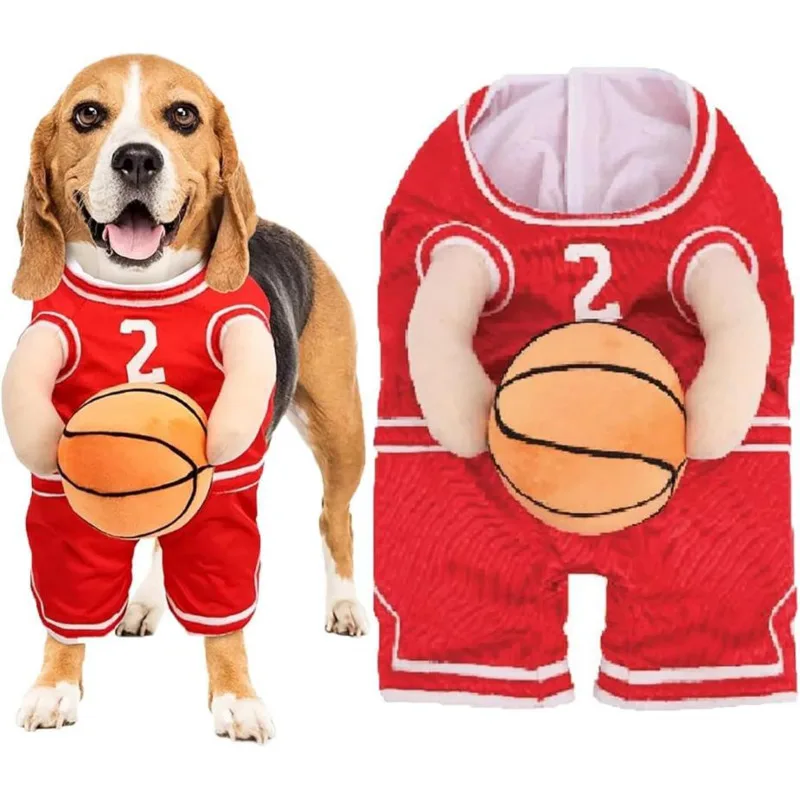 Disfraz de baloncesto para perro con pelota, Sudadera con capucha para perro en otoño e invierno, Top para perro rojo y amarillo, Sudadera con capucha estampada alfanumérica, regalo nuevo