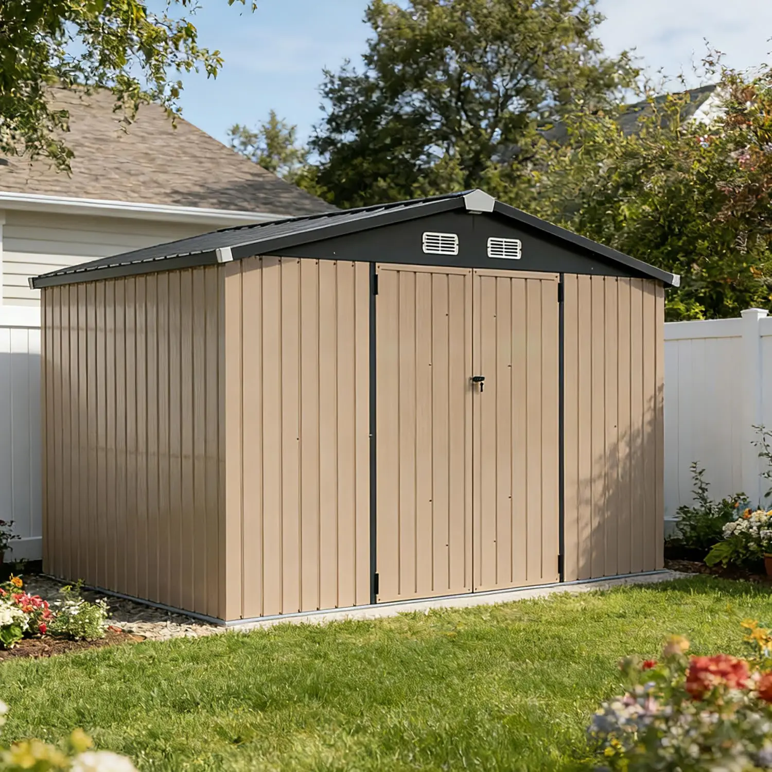 10 x 8FT Outdoor Storage Shed with Double Hinged Door, Brown