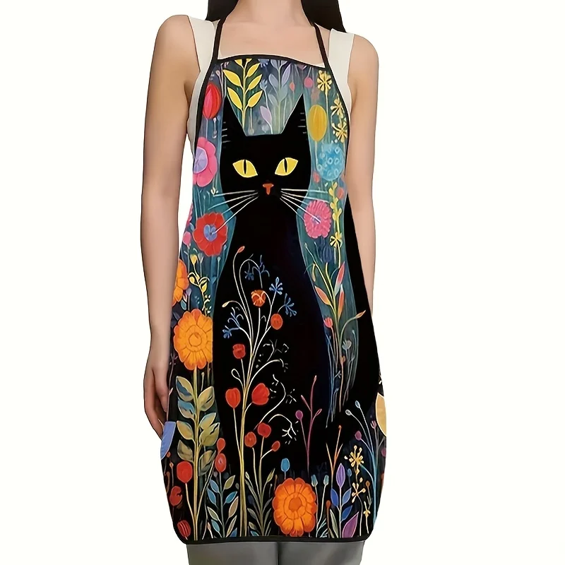 Whimsical Black Cat Vibrant Floral Pattern Waterproof Apron For Pet Fan Baking Grilling Household Oil-proof Kitchen Present