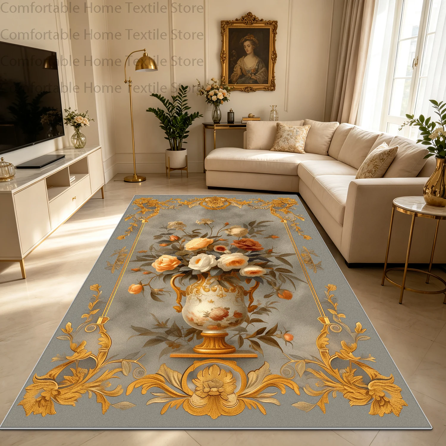 European Style Retro Floral Vase Living Room Carpet Non-slip Fluffy Soft Big Size Patio Rug Easy Cleaning Foldable Cloakroom Mat