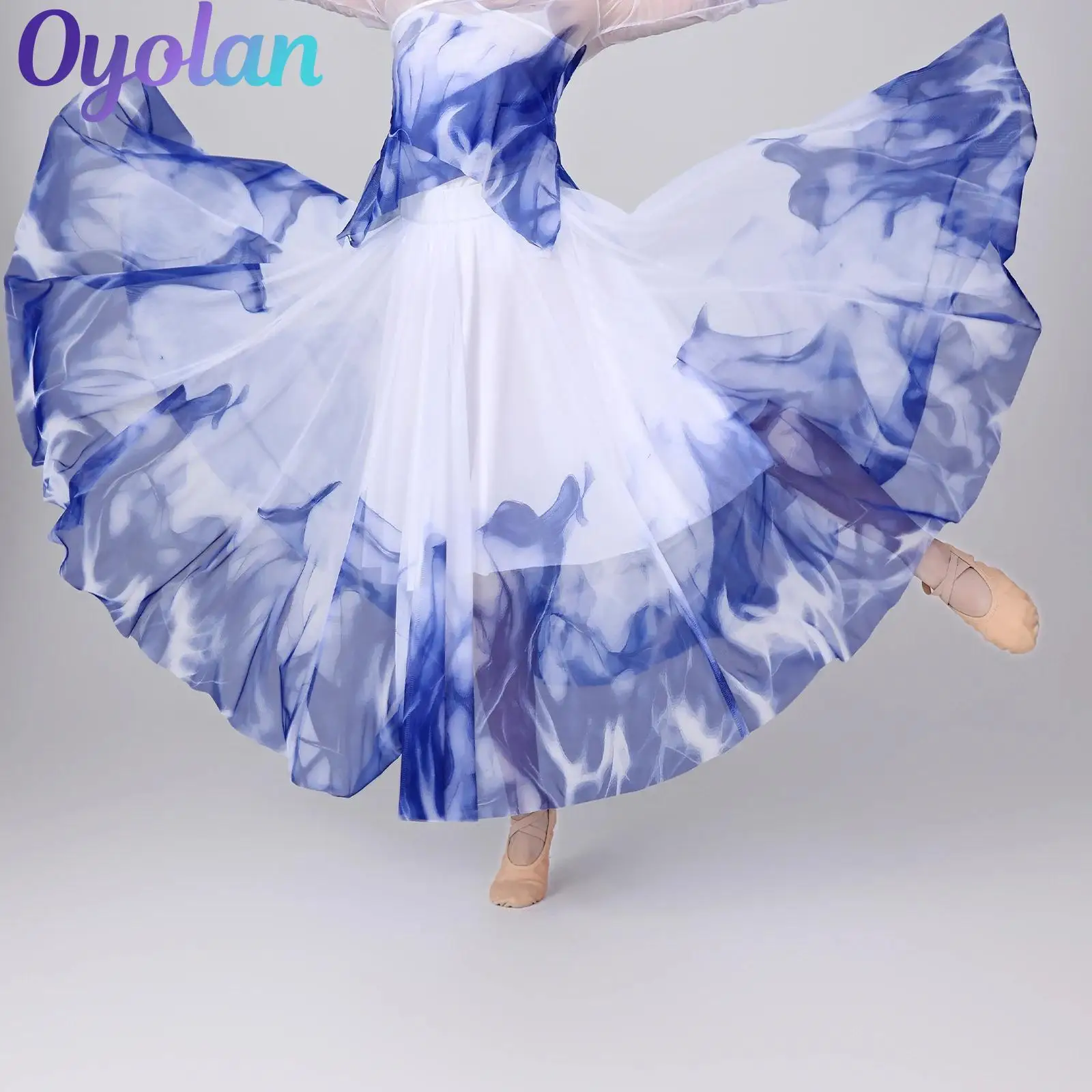 

Womens Oriental Dance Ink Painting Pattern Big Swing Mesh Skirt Dance Costumes Classic Ballroom Dance Lyrical Dance Dresses