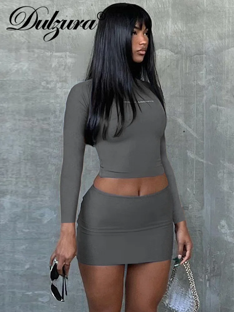 Dulzura Women Casual Y2K Clothes 2 Piece Letter Print Long Sleeve Crop Top High Waist Mini Skirt Matching Set Club Streetwear