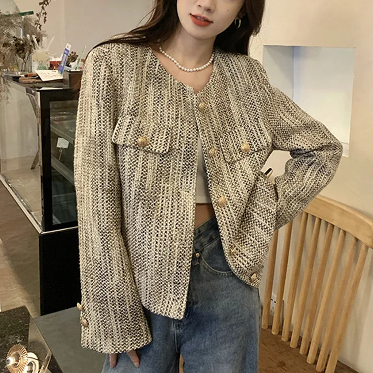 

Tweed Jacket In White Womens Spring Linen Single-Breasted Placket Stand-Collar Simple Wearable Office Designed V-Neck Workwear