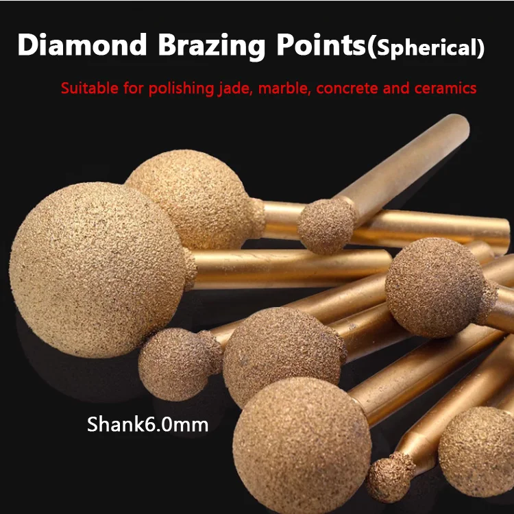 

2PCS Spherical brazed Diamond Points Shank6mm Coarse grinding head Jade peeling stone carving Ceramic tile polishing tool 6~25mm