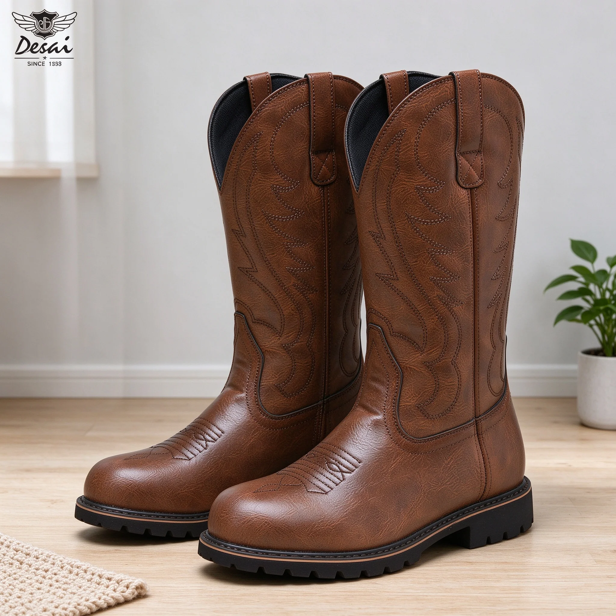 Bottes western pour hommes Desai, en similicuir, avec broderies et motifs de flammes, à enfiler, confortables, idéales pour l’automne et l’hiver.
