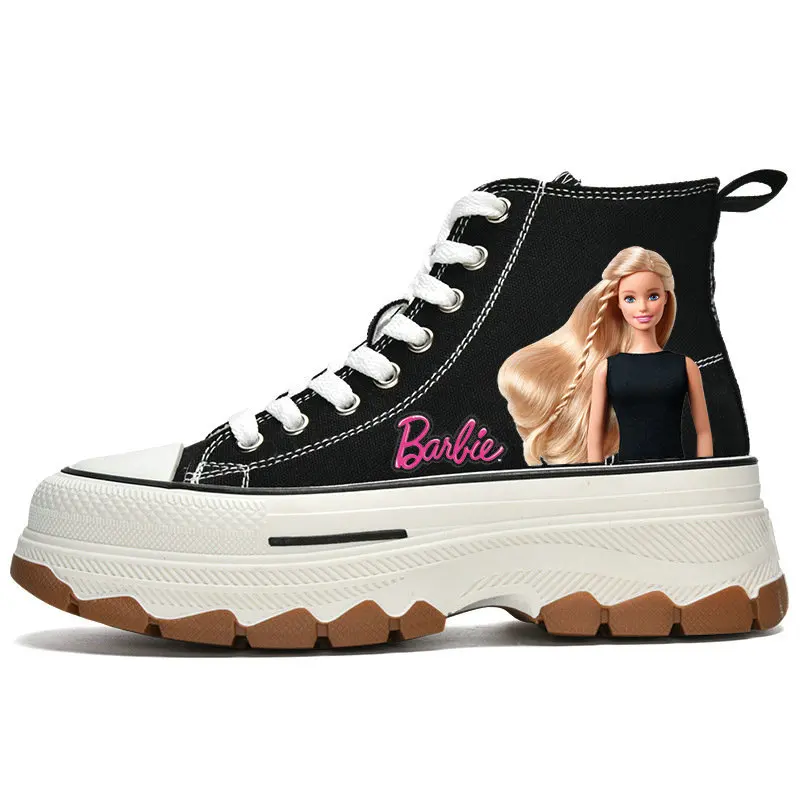 Girls Barbie Canvas Shoes Woman High Top Girls Elevator Shoes Casual Sneakers Cartoon Barbie Tennis shoes Size 35-40