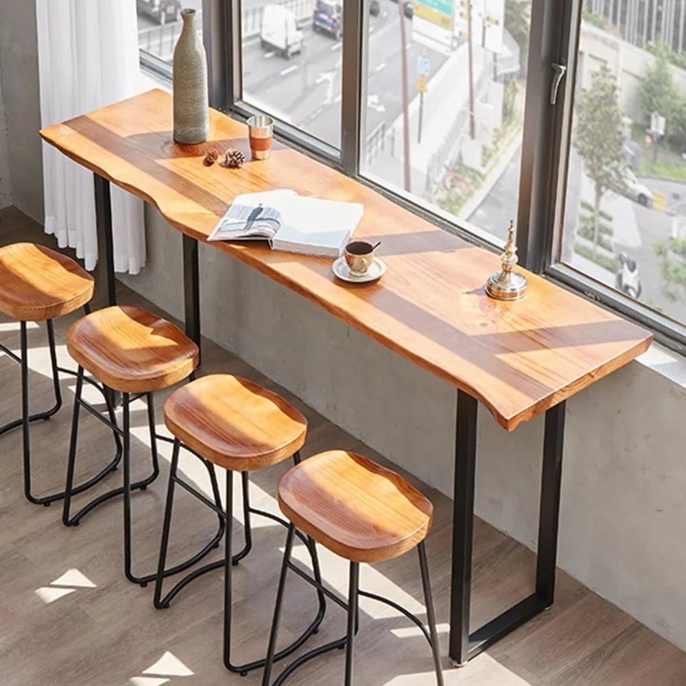 Mesa de bar estrecha, mesa de mostrador de bar larga de madera maciza con patas de metal, mesa consola de sofá rectangular para entrada, madera moderna