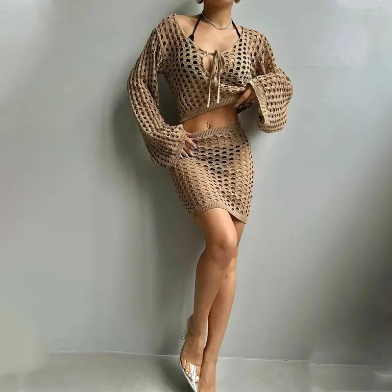 

Women's Beach Tunic Pareo Clothes Bikini Cover Up Kaftan Female Swimwear Bath Exits 2024 Suit Set Sexy Knitted Standing Two