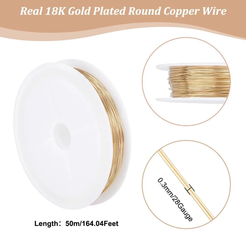 28 Gauge 0.3mm Jewelry Beading Wire 54.6 Yards/50M 18K Plated Round Polished Tarnish Resistant Copper Beading Wire