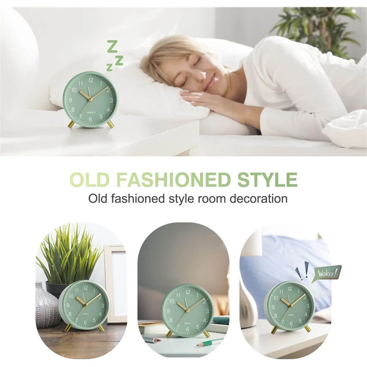 KSOL Analogue Alarm Clock, Silent Non Ticking with Night Light, Fashionable Metal Round Alarm Clock for