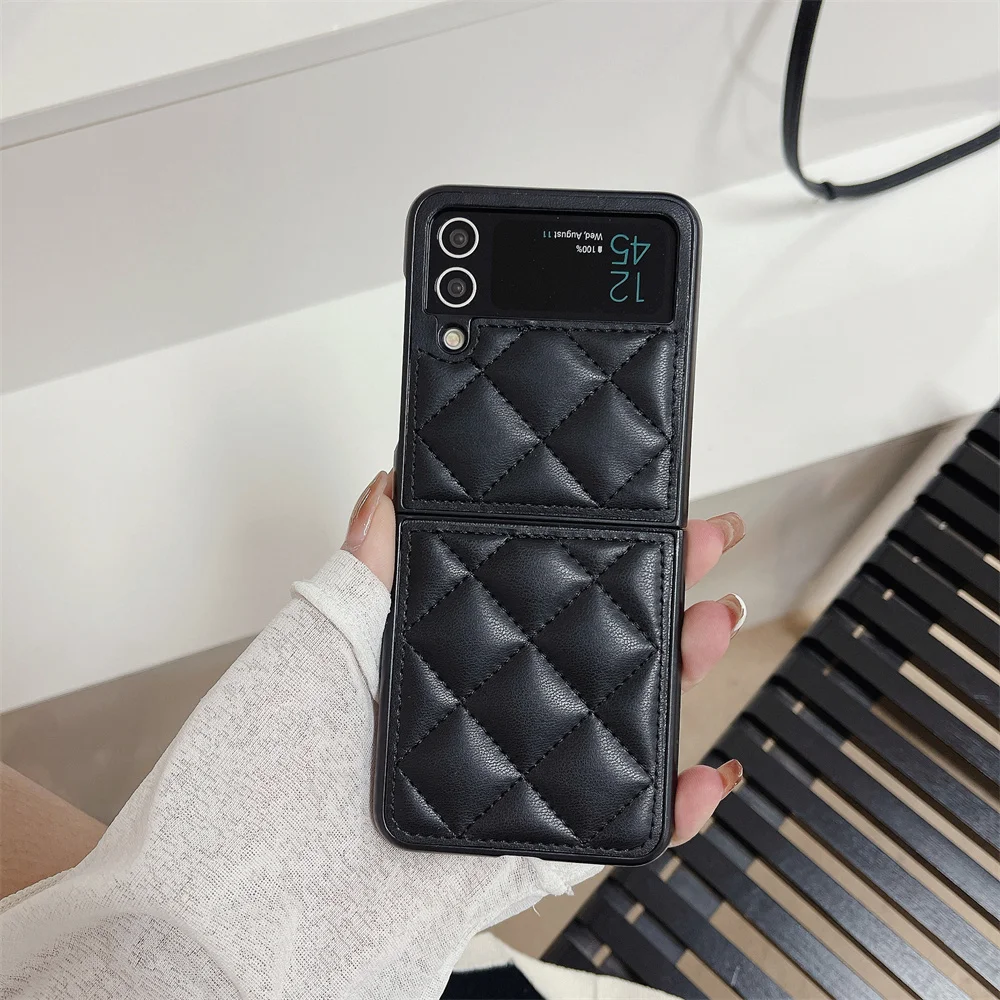 For Samsung Galaxy Z Fold 6 5G Luxury Leather Rhombus Case For Z Flip 5 4 3 Z Fold 6 5 4 3 Pure Color CC Style Protection Cover