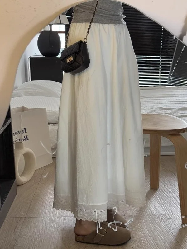 

Белая кружевная юбка А-силуэта больших размеров для женщин, летняя, скрывающая живот, стройнящая, для фигуры типа «груша», с высокой талией, в корейском стиле