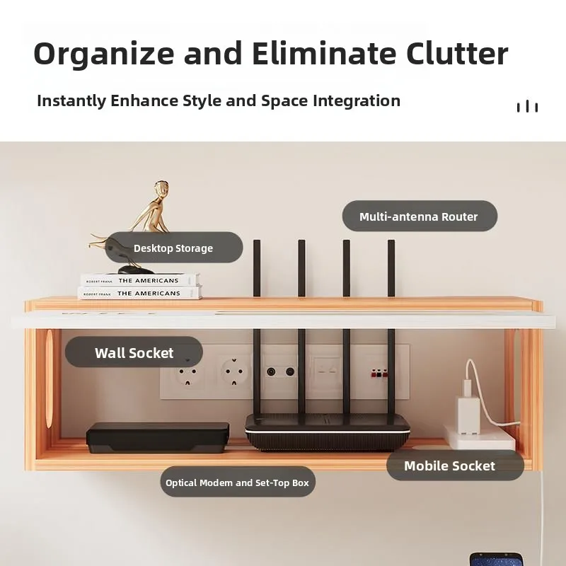 Wooden Wireless Network Router Storage Box Wall-Mounted Top-Box Home Organizer Hide Cable Neatly No-Punching Needed