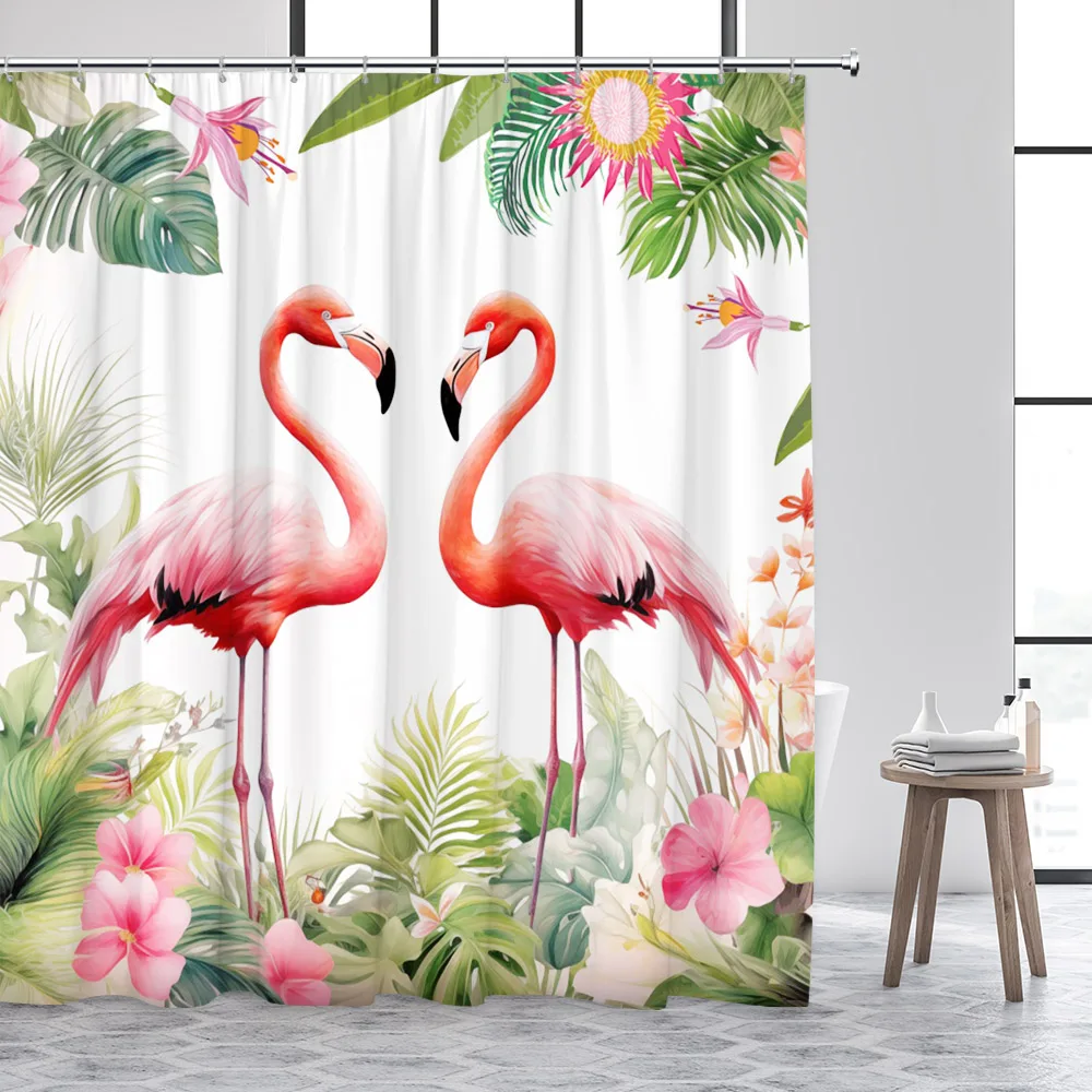 Tropical Flamingo Shower Curtain Floral Butterfly Green Monstera Palm Leaves Plant Bath Curtain Fabric Bathroom Decor with Hooks