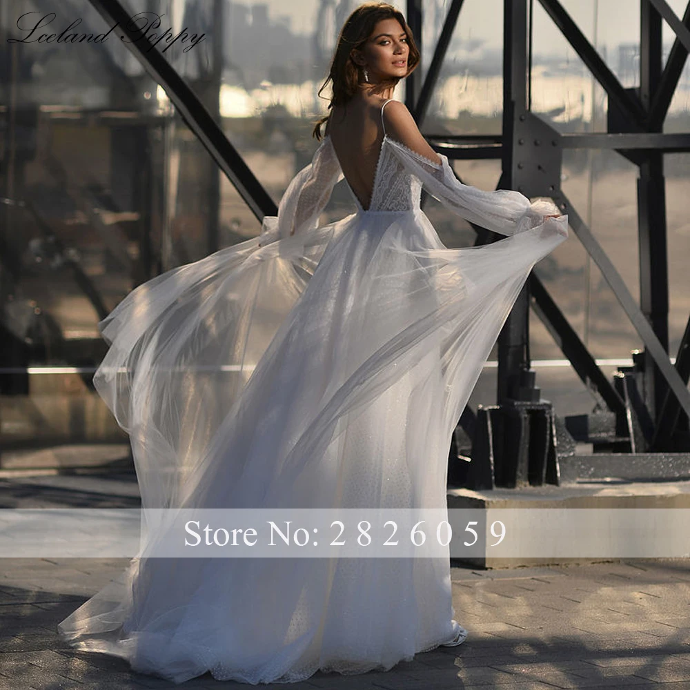 Lceland Poppy Customized A Line V Neck Lace Wedding Dresses Floor Length Long Sleeves High Slit Backless Bridal Gowns