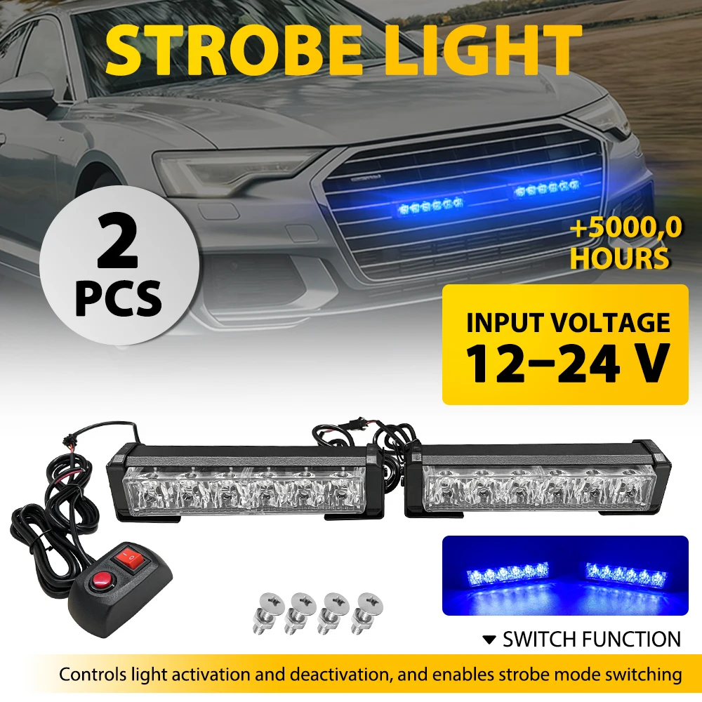 

2Pcs/set 6LED Car Emergency LED Strobe Flashing Lights Beacon Lamps Bar Warning Flash Lamp Blue for Motorcycle Vehicle Truck Van