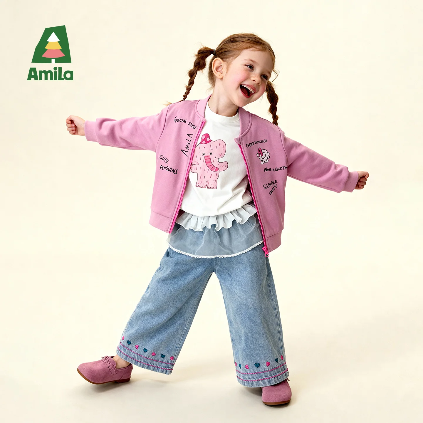 Amila 2026 Spring Children's Baseball Jacket Stand Up Collar Zipper Design Printed Text Elements Loose And Versatile Trendy