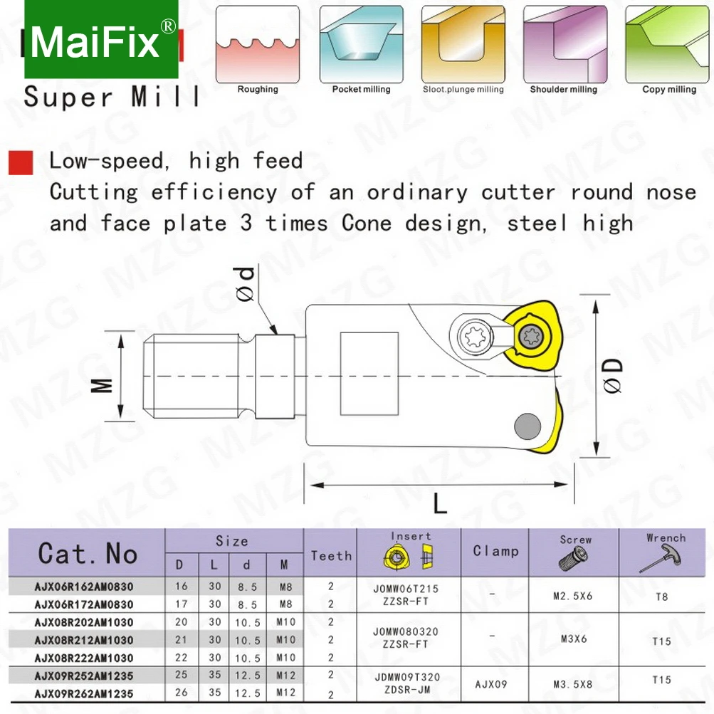 MaiFix Torno CNC Usinagem, Tipo Modular Carbide Insert, Fixado, Liga de alimentação rápida, Round End Mills, AJX 06, 08, 09