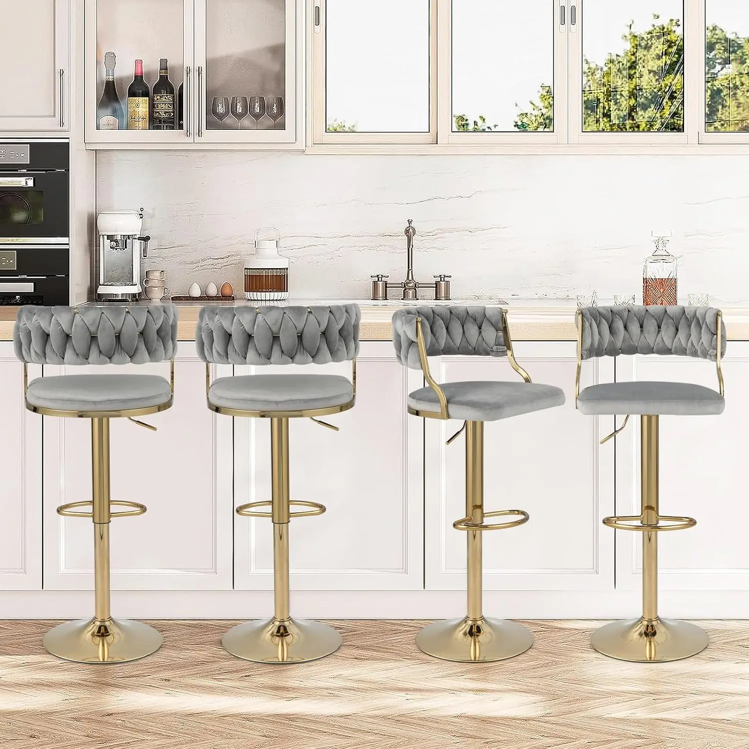 Velvet Adjustable Bar Stools Set of 2, Max Load 400 Lbs, Modern Upholstered Swivel Barstools with Woven Back, Footrests