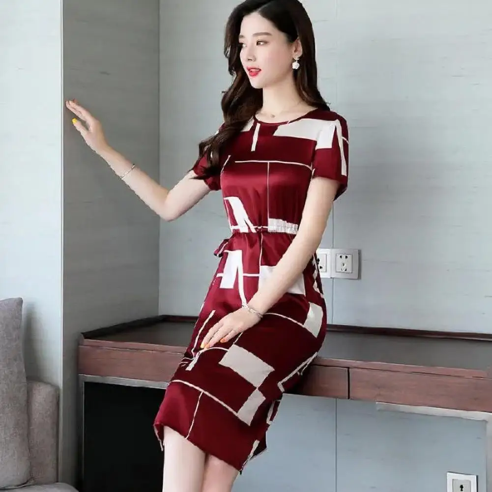 Knee Length Dress Elegant Colorblock Print Business Dress for Women Slim Fit Knee Length Midi Dress with O Neck for Shopping