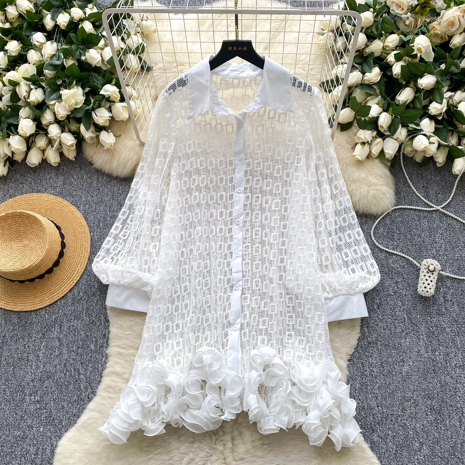 

Women Shirt Dresses Loose Sheer Ruffle Hem Dress Solid Turn Down Collar Lantern Sleeve Mid Lenth Office Lady Casual 2025 Summer