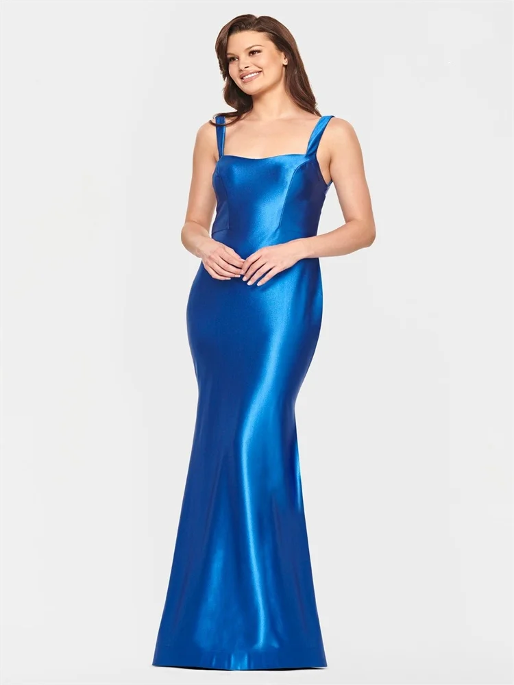 

New Arrival Square Neckline Sleeveless Thin Straps Satin Mermaid Evening Dress Open Keyhole Back Floor Length Gown For Women