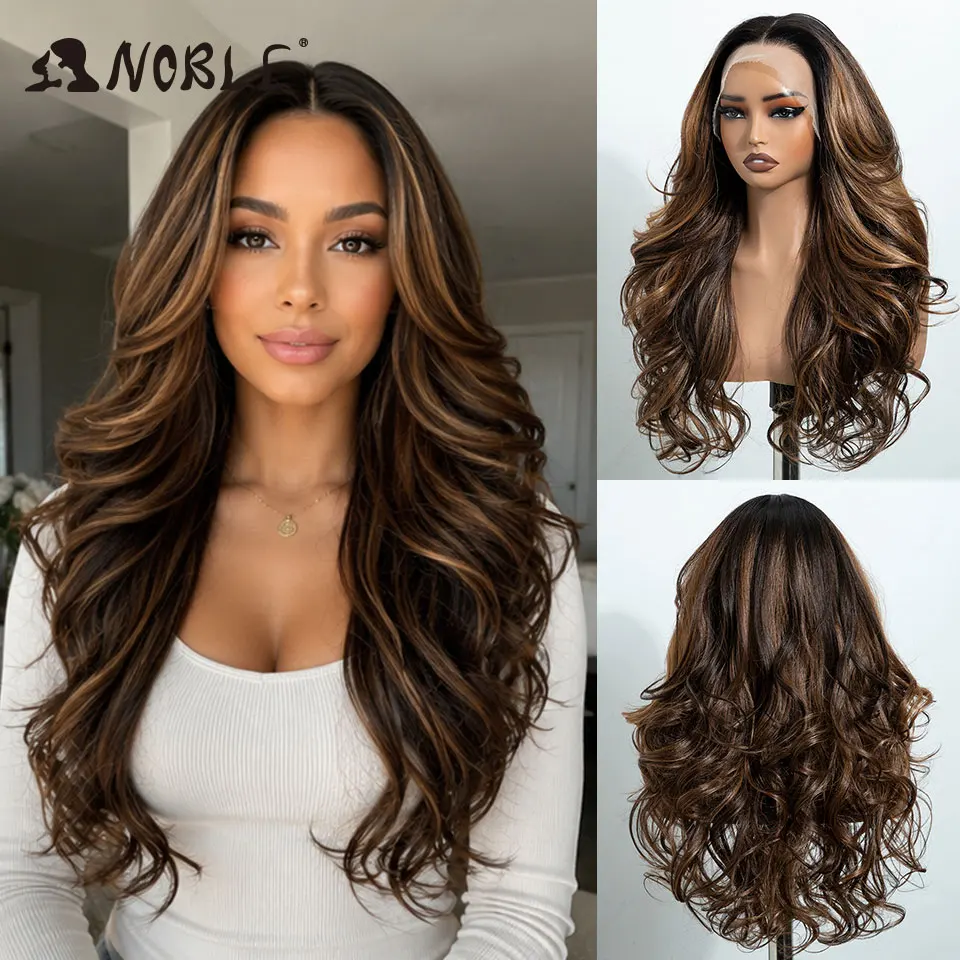 Noble 24 Inch 13x4 Lace Front Wig Synthetic Ombre Brown Body Wave Lace Front Wig Heat Resistant Wigs For Black Women Daily Wear