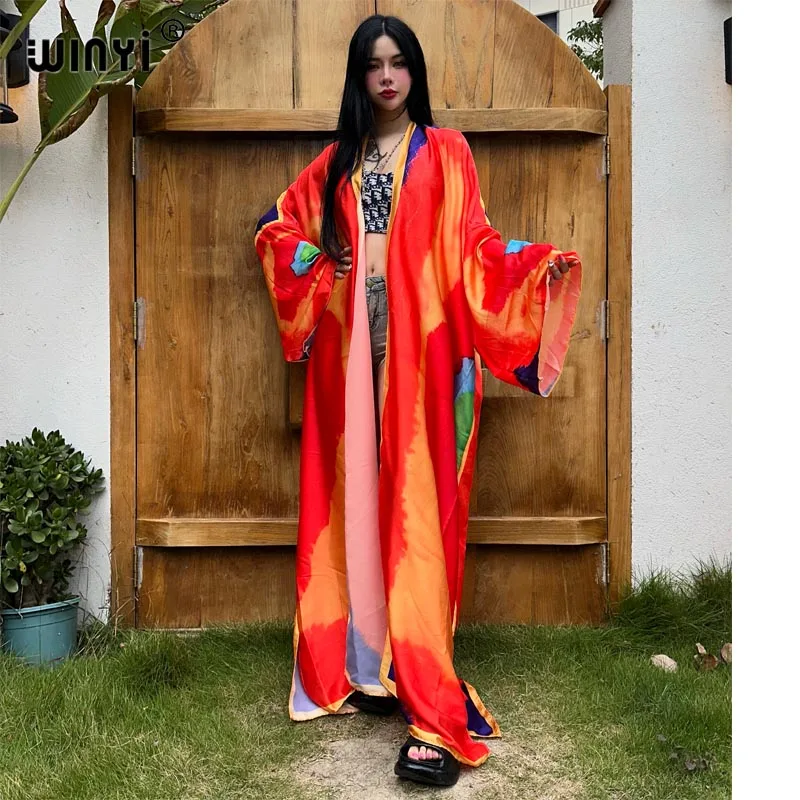 Summer 2024 WINYI kimono Africa maxi dress beach wear cover-up elegant Cardigan beach outfits for women Tie-dye print sexy coat