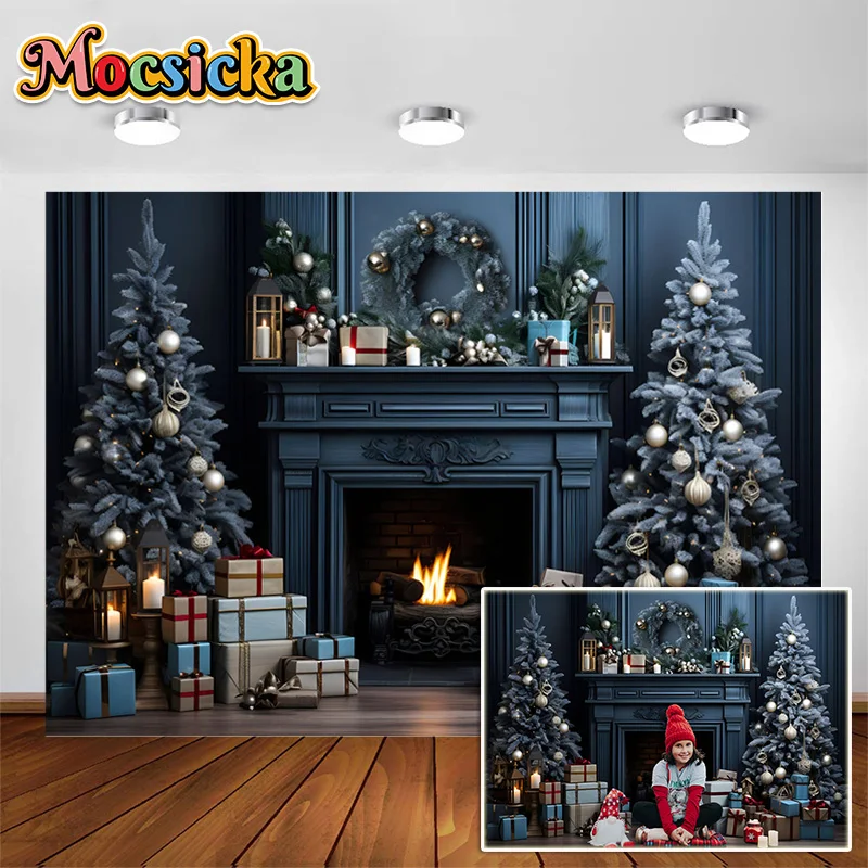 

Blue Tones Christmas Backdrops For Photography Fireplace Xmas Tree Wreaths Gift Boxes Kids Adults Portrait Backgrounds Photocall