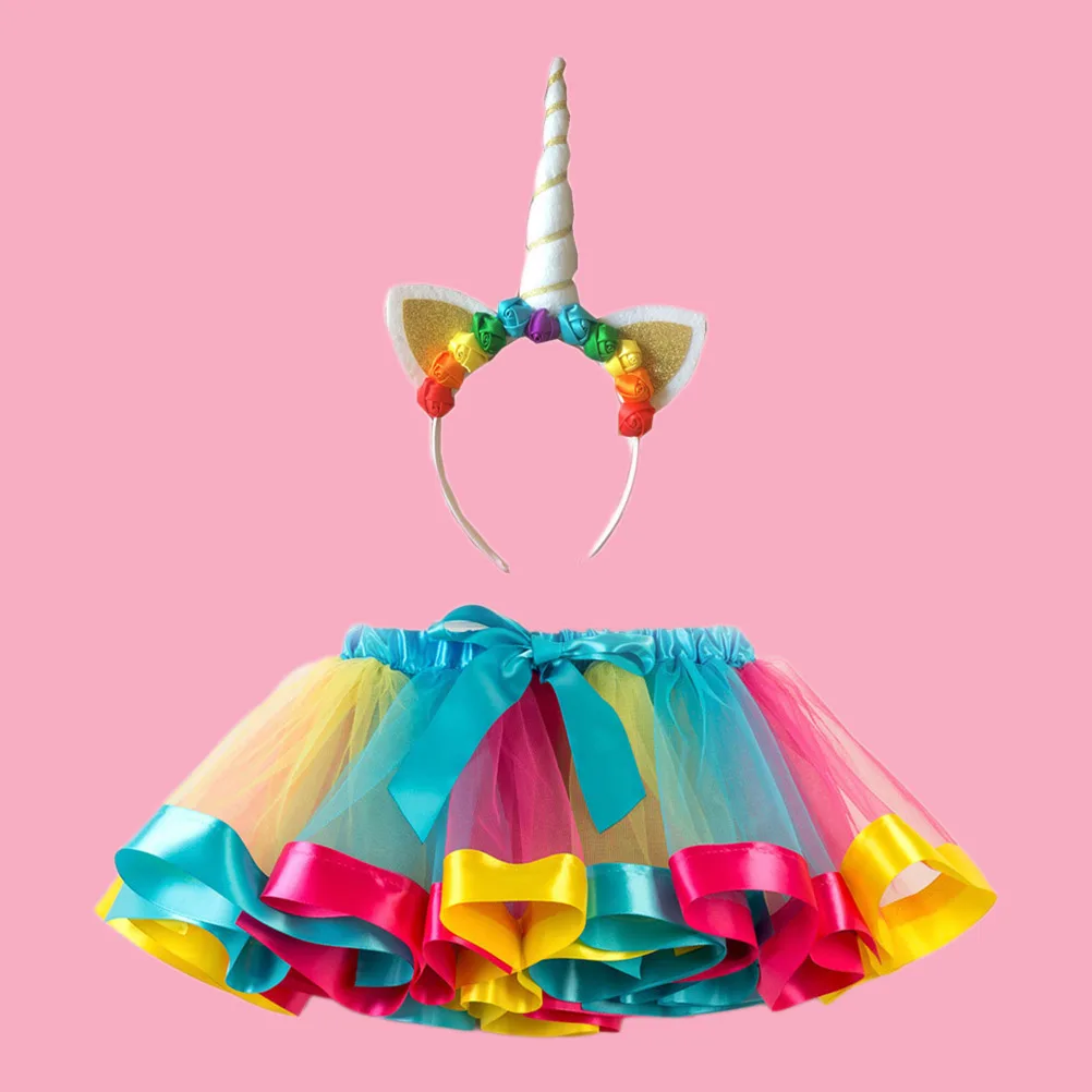 

Unicorn Headdress Rainbow Skirt Colorful Tutu Dress Girls Costume Multilayer Mesh Elastic Waist Bowknot Adjustable Straps