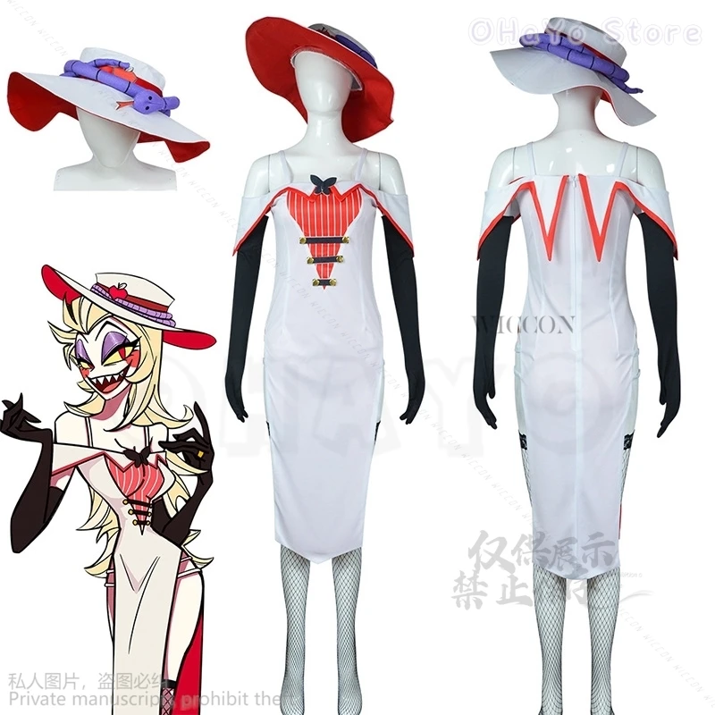 

Hasbin Lucifer Cosplay Anime Hotel Morningstar Cosplay Genderswap Costume Wig Daddy White Suit Devil Hell Halloween Party Adult