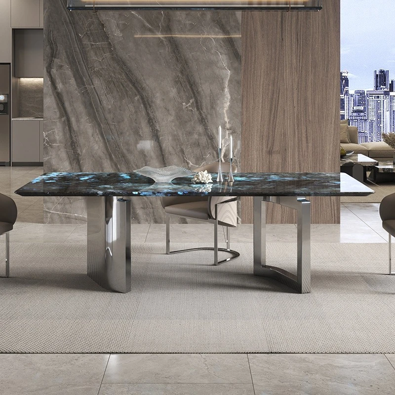 Blue jadeite luxury stone rectangular dining table, high-end modern simple household dining table