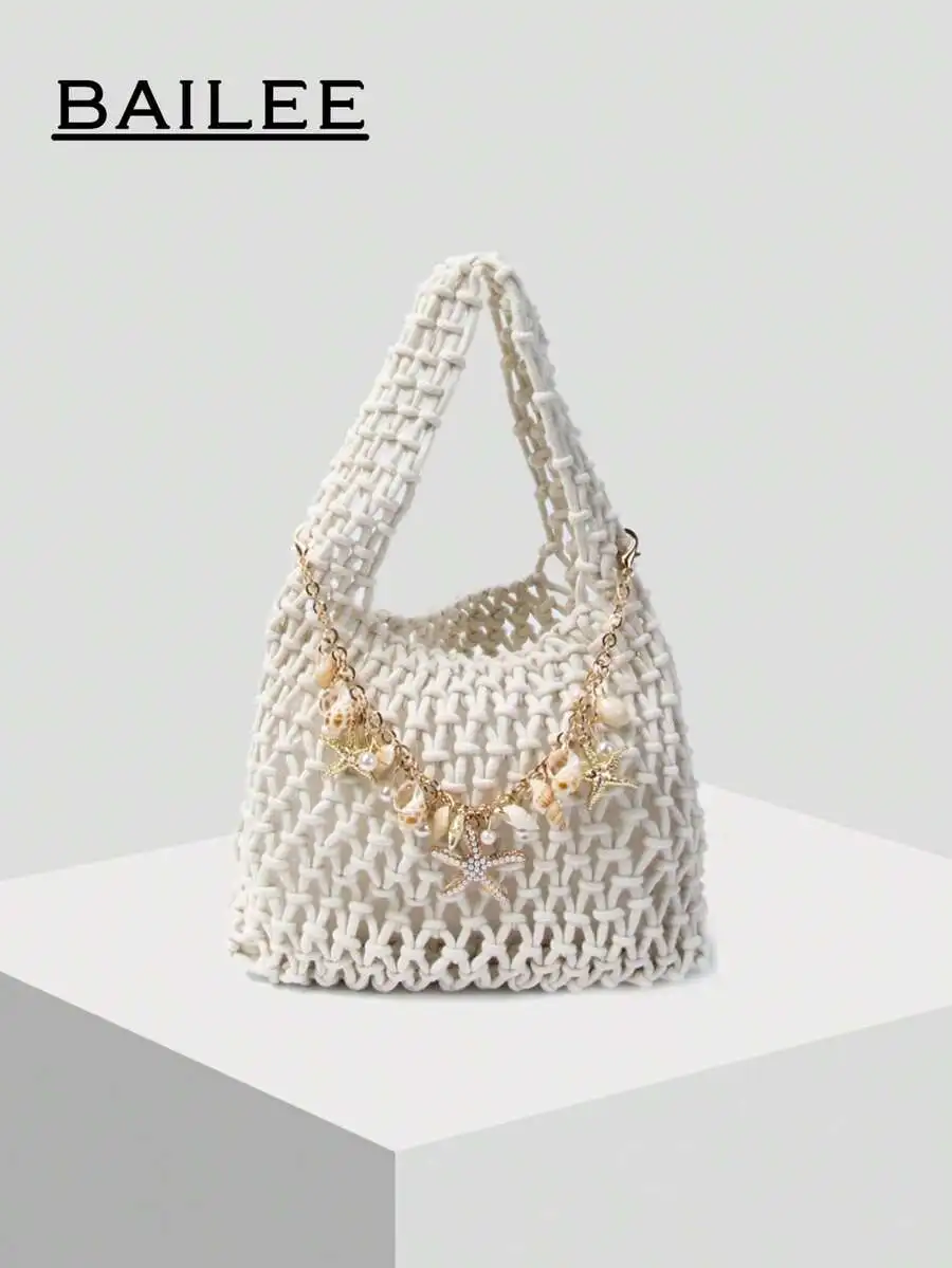 

Crochet Rope Woven Tote Bag with Shell & Star Charms, Lightweight Beach Handbag for Women