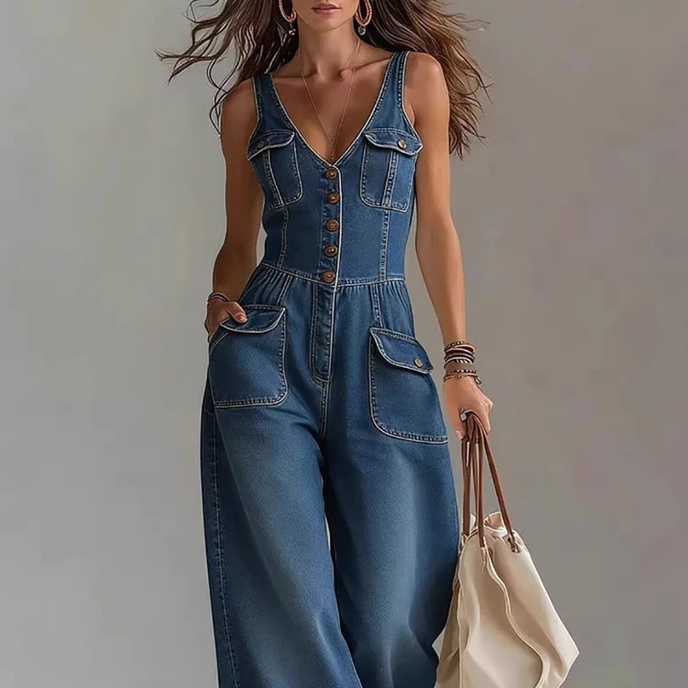

Women V-Neck Sleeveless Denim Jumpsuit High Waist Wide Leg Button Front Romper Pockets Casual Streetwear One-Piece Chic Overalls