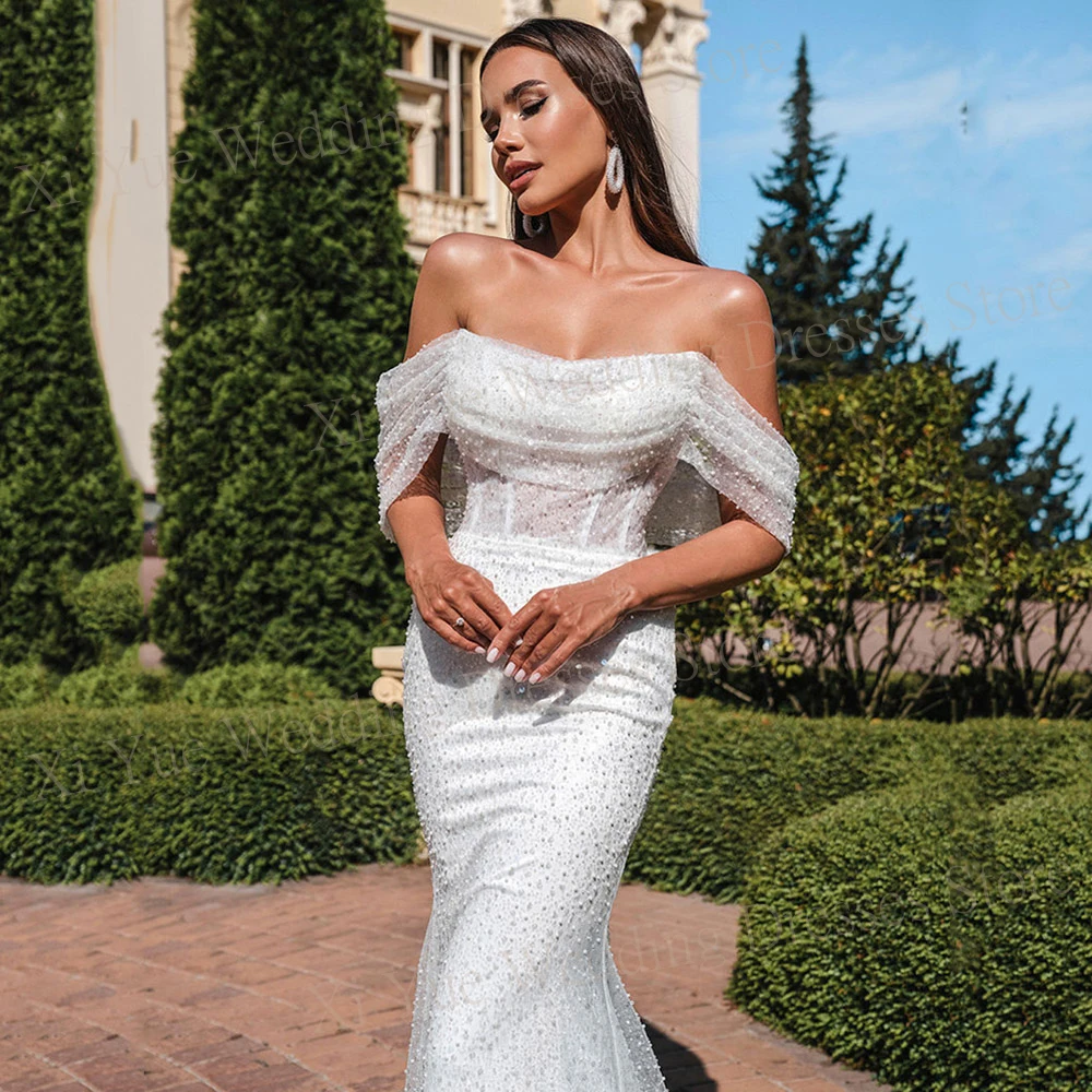 Elegante Sprankelende Zeemeermin Prachtige Trouwjurken Mooie Off-Shoulder Veters Bruid Jurken Sexy Rugloze Vestidos Femenino