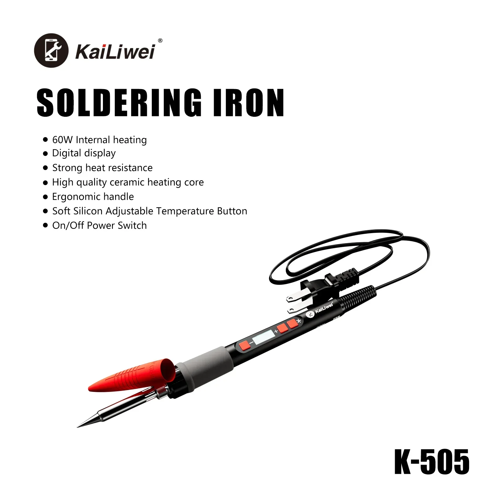 Kailiwei K-505 Digital Soldering Iron 60W Soldering Iron Repair Tool with Adjustable Temperature Tip for Mobile Phone Repair