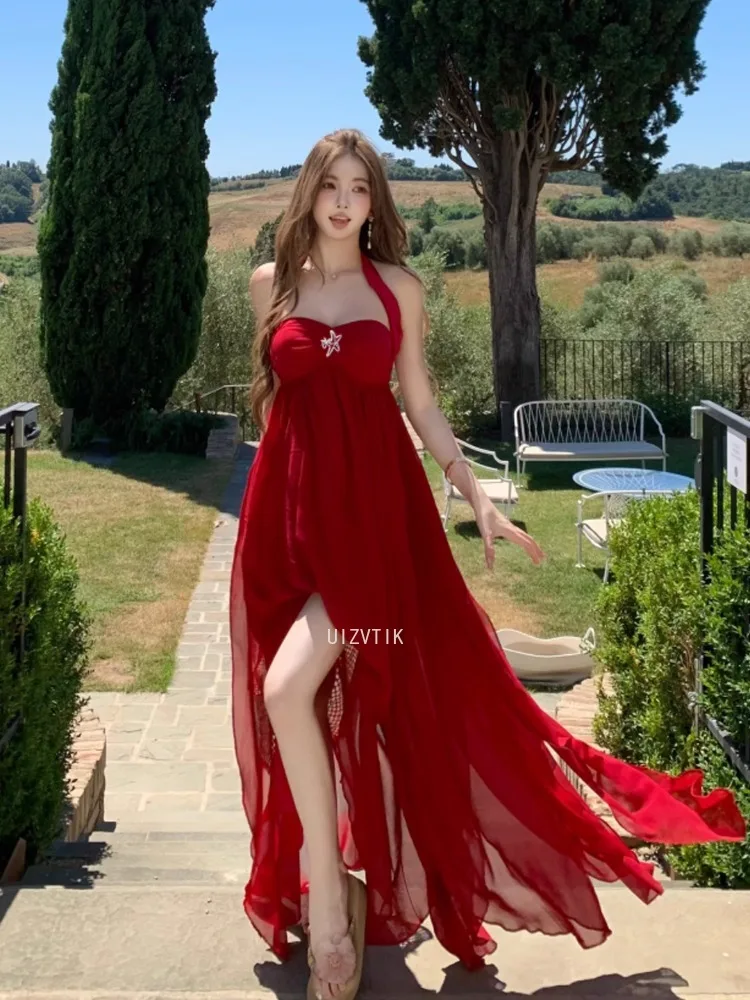 Sommer Rot Elegan Sexy Unregelmäßige Rüschen Party Abendkleid Frauen Schlank Ärmellose Backless Lange Kleider Urlaub Strand Robe